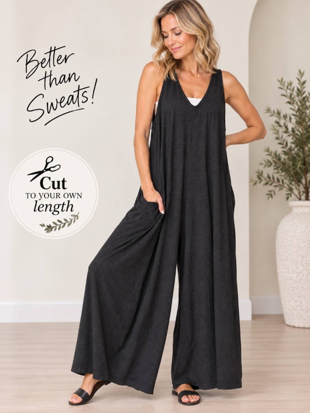 Natural Life Wide Leg Knit Jumpsuit Charcoal Gray Boho One Size